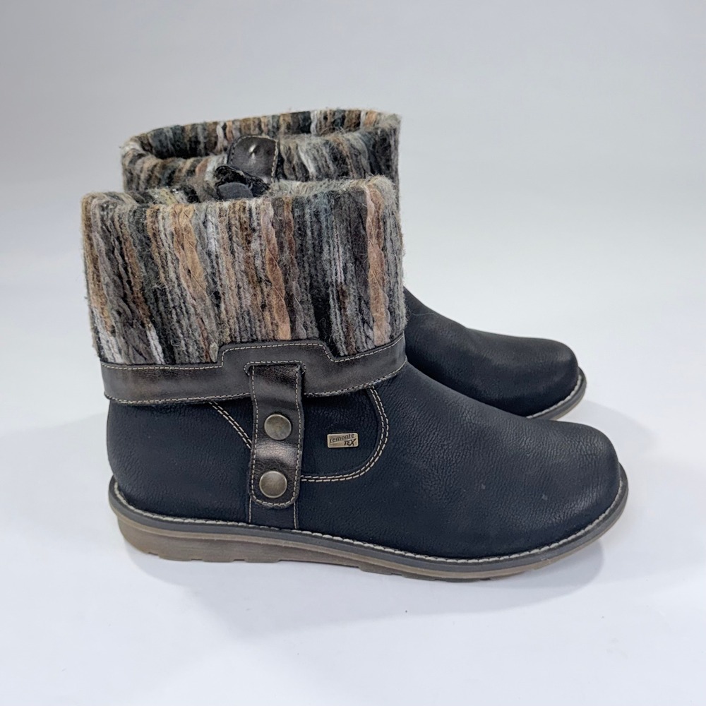 Remonte Tex Ankle Boots Womens 41 Black Leather Knit Cuff Comfort Boho Outdoor